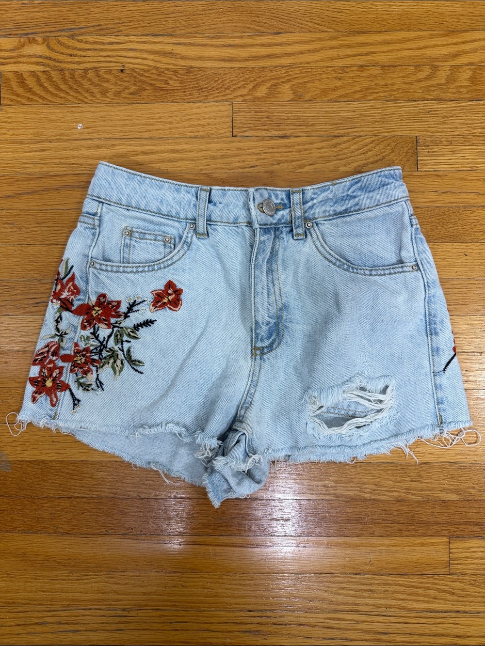 Topshop Light Blue Denim Shorts with Red Floral Embroidery